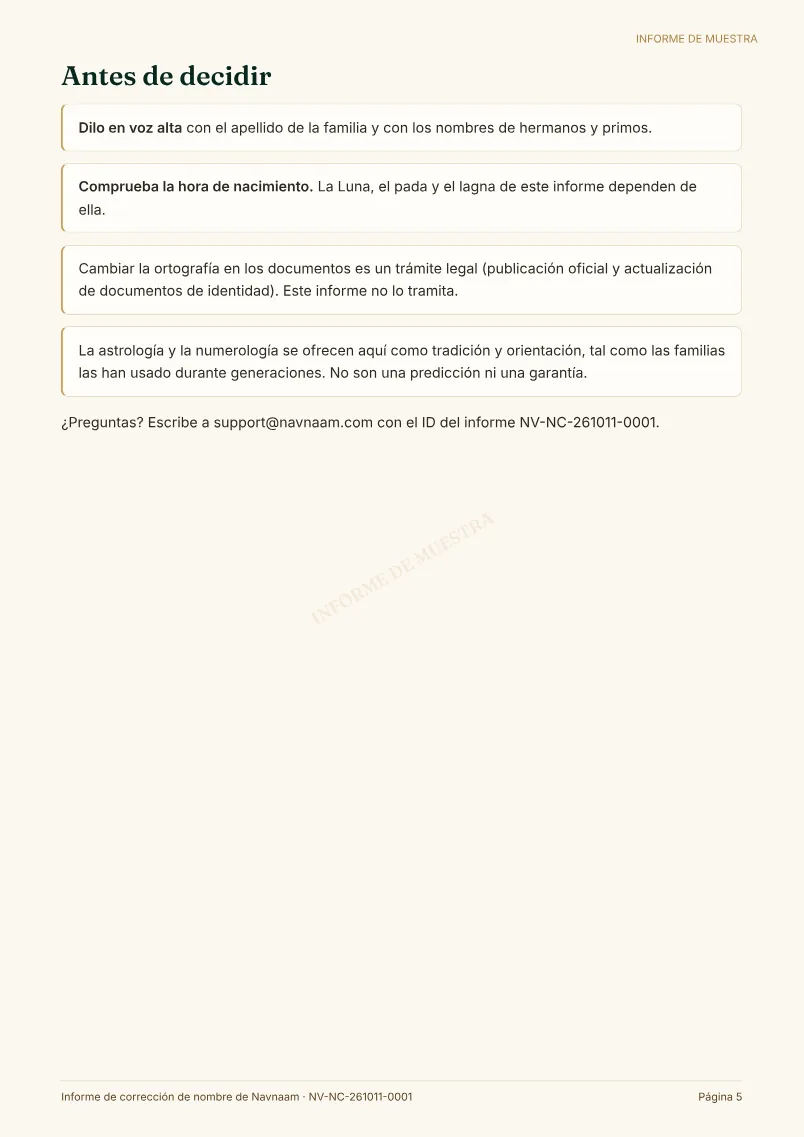 Muestra de Informe de corrección y ortografía del nombre, página 5 de 5