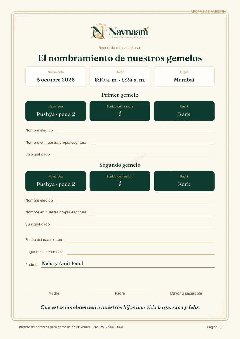 Muestra de Informe de nombres para gemelos, página 10 de 11
