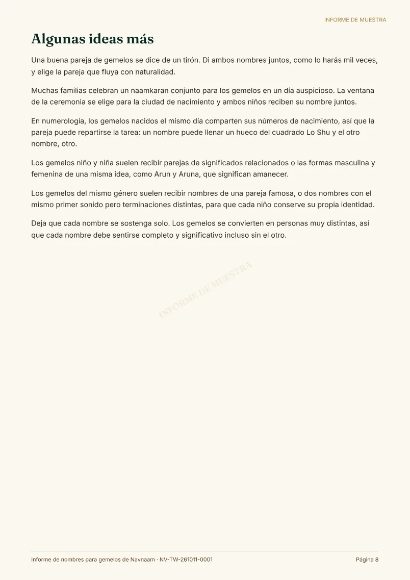 Muestra de Informe de nombres para gemelos, página 8 de 11