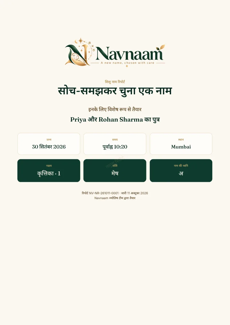 शिशु नाम रिपोर्ट नमूना, पेज 1 / 10