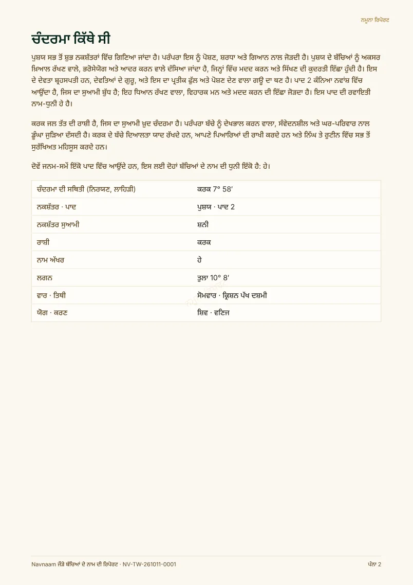 ਜੌੜੇ ਬੱਚਿਆਂ ਦੇ ਨਾਮ ਦੀ ਰਿਪੋਰਟ ਨਮੂਨਾ, ਪੰਨਾ 2 / 10