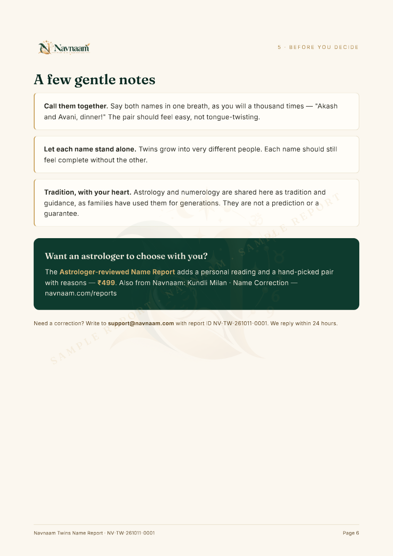 Twins Name Report sample, page 6 of 6